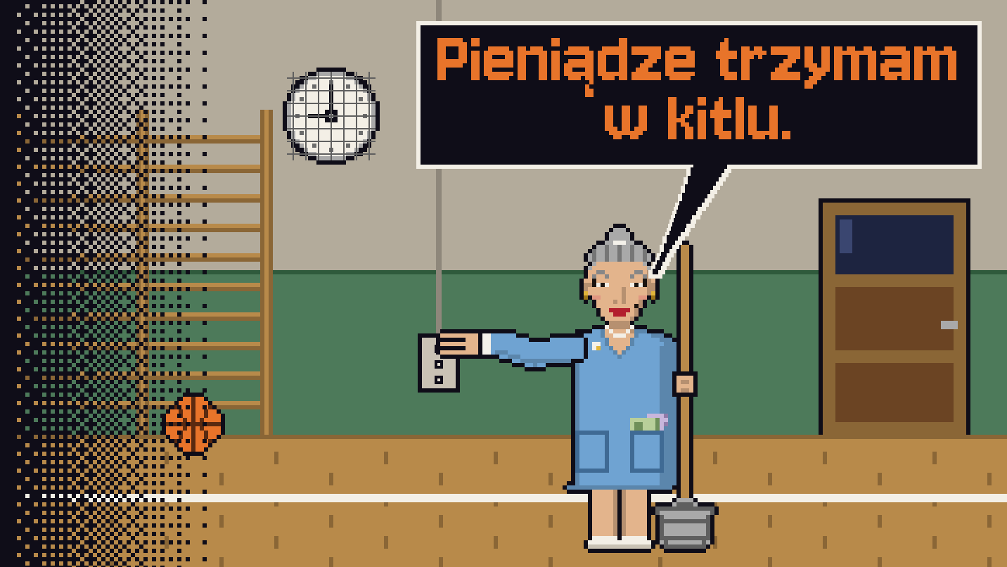 Pani Krysia w niebieskim kitlu, z mopem i wiadrem, kładzie rękę na włączniku światła w hali. Zegar pokazuje dziewiątą, daleki koniec hali jest już ciemny, z kieszeni kitla wystają banknoty, w dymku: „Pieniądze trzymam w kitlu.”