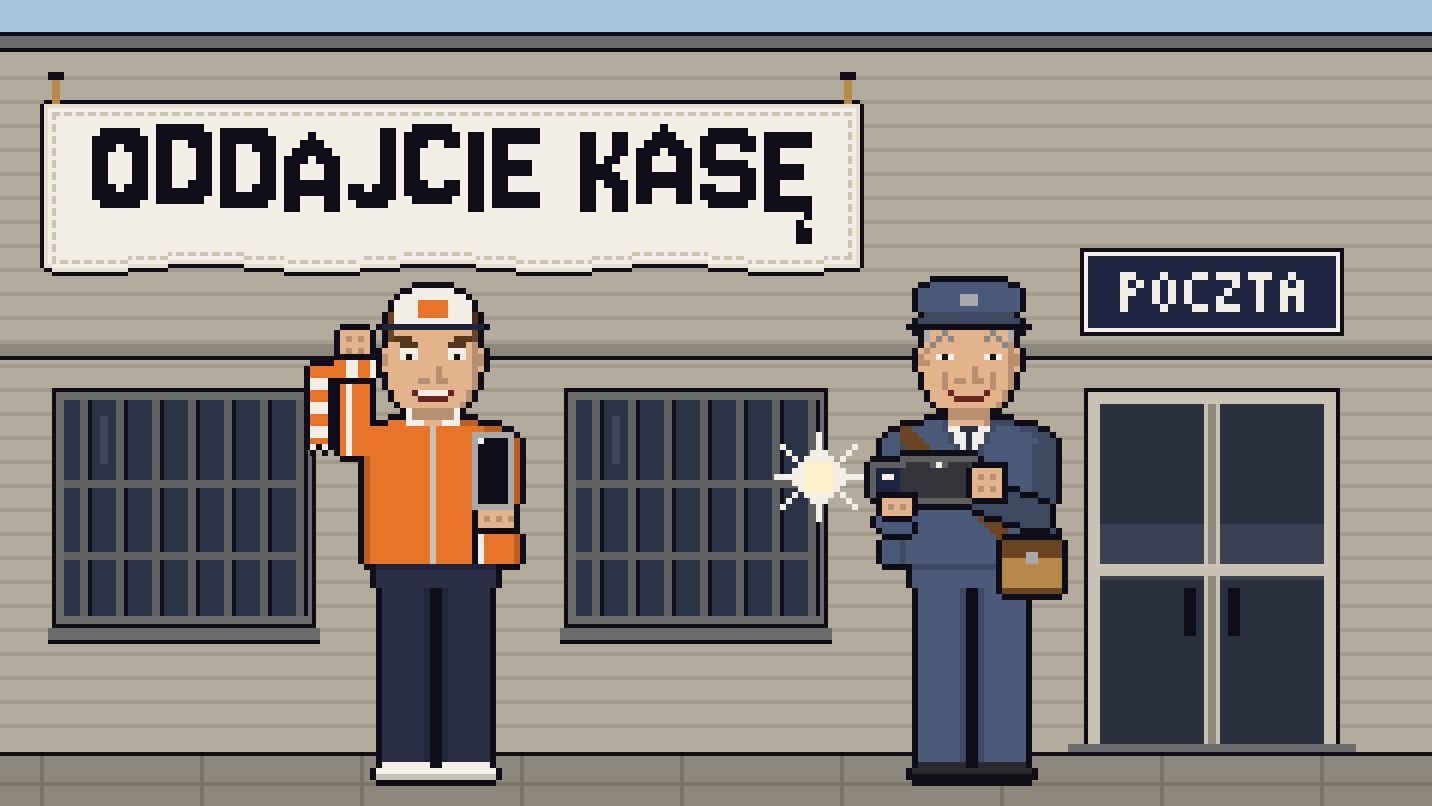 Kibic Jarek w pomarańczowej bluzie, z szalikiem na pięści, pozuje przed pocztą pod transparentem „Oddajcie kasę”, a listonosz robi mu zdjęcie z fleszem.